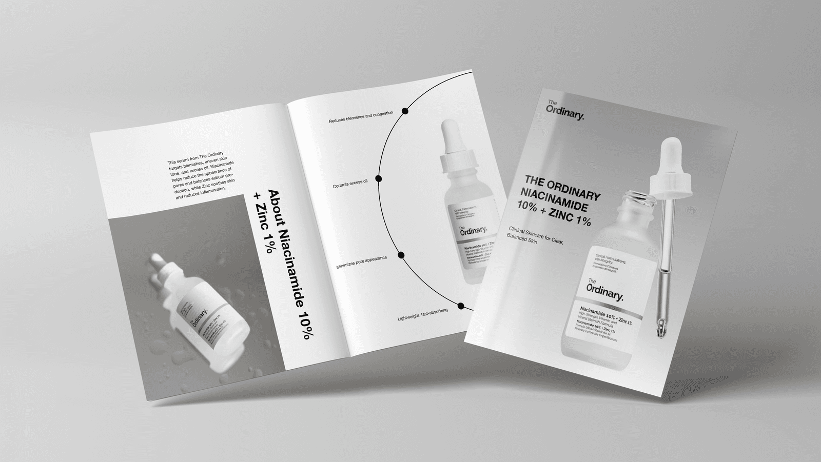 The Ordinary editorial — open magazine mockup in a muted clinical palette