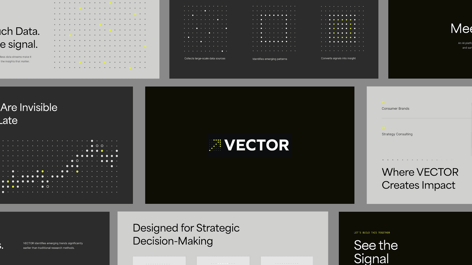 Vector pitch deck — high-contrast slide system with dot-matrix data motifs