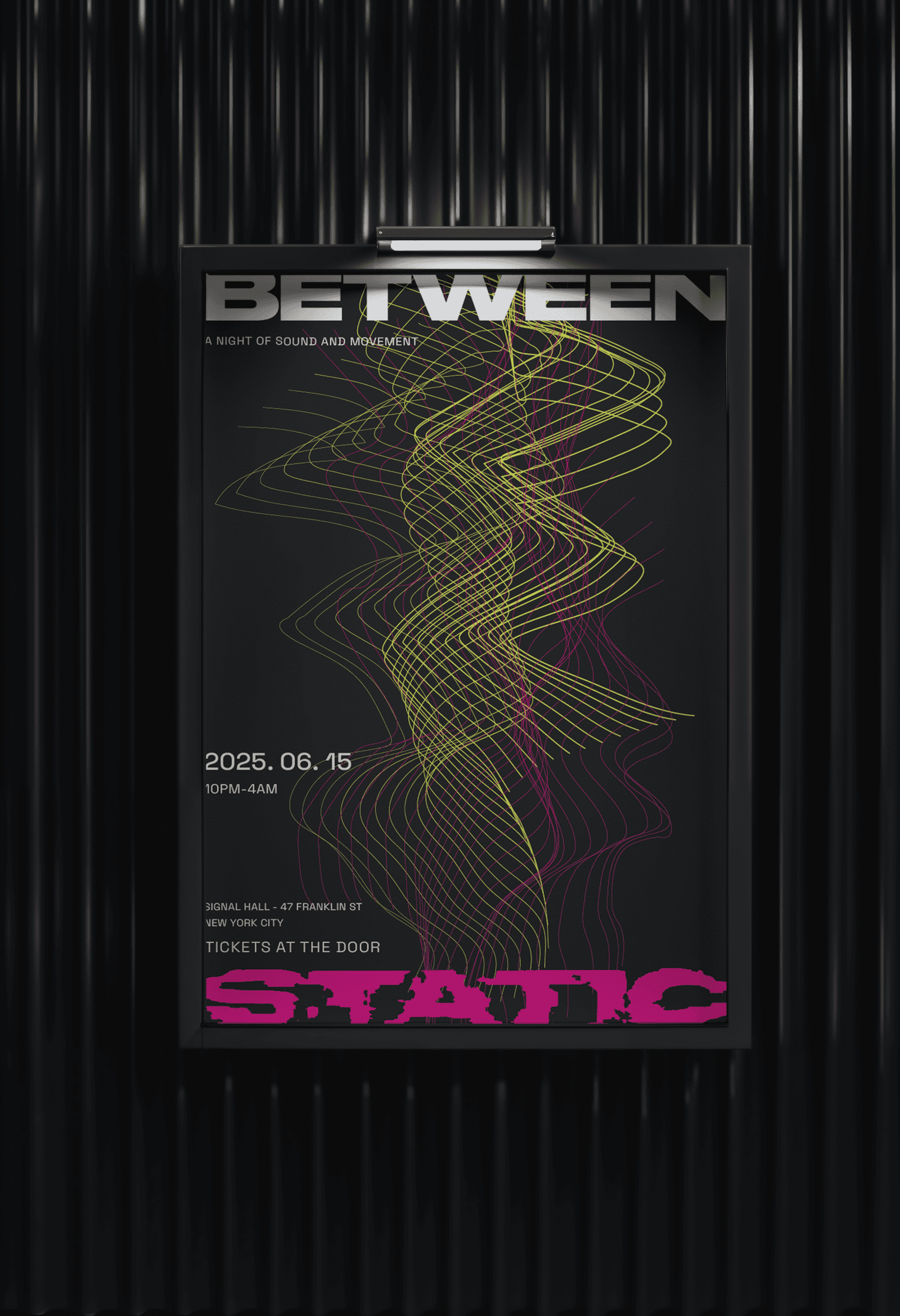 Between the Static poster on an illuminated street sign