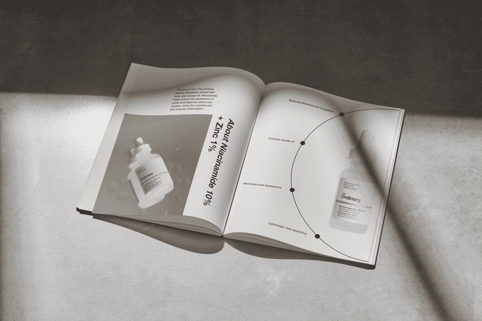 The Ordinary editorial — cover spread mockup